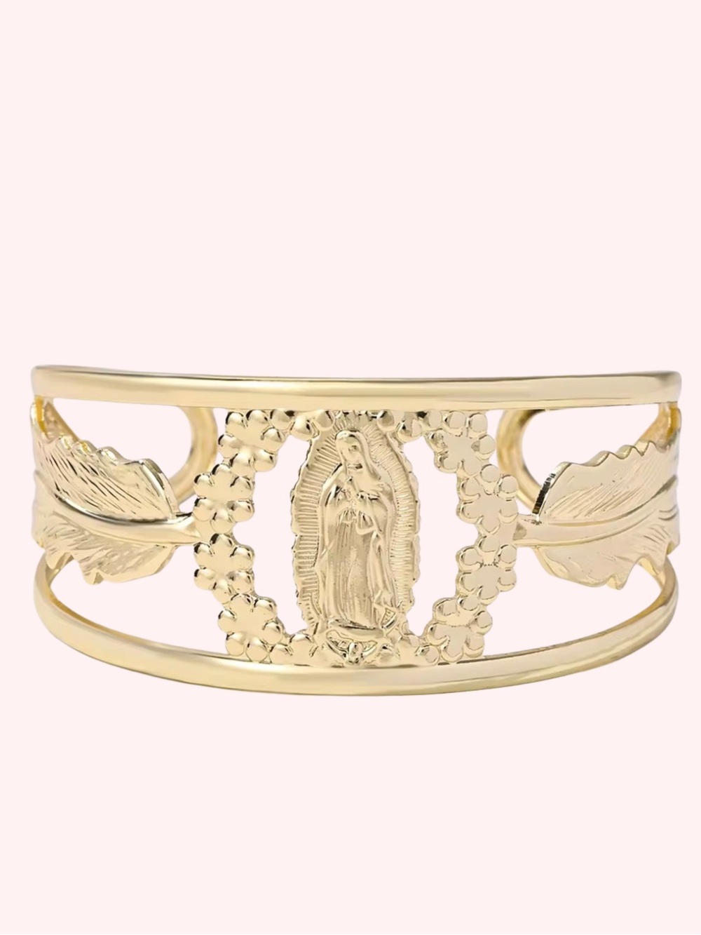Gold Virgin Mary Open Cuff Bangle Bracelet with Feather & Floral Design